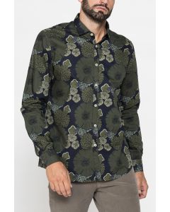 LONG SLEEVE SHIRT WITH KOREAN COLLAR IN PRINTED COTTON LINEN